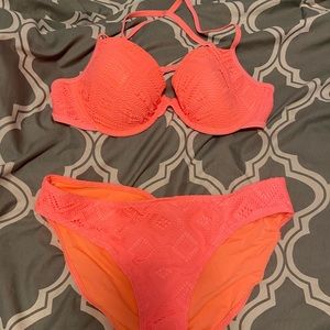 Coral Aerie bikini. Bottoms are a large. Top is 36B